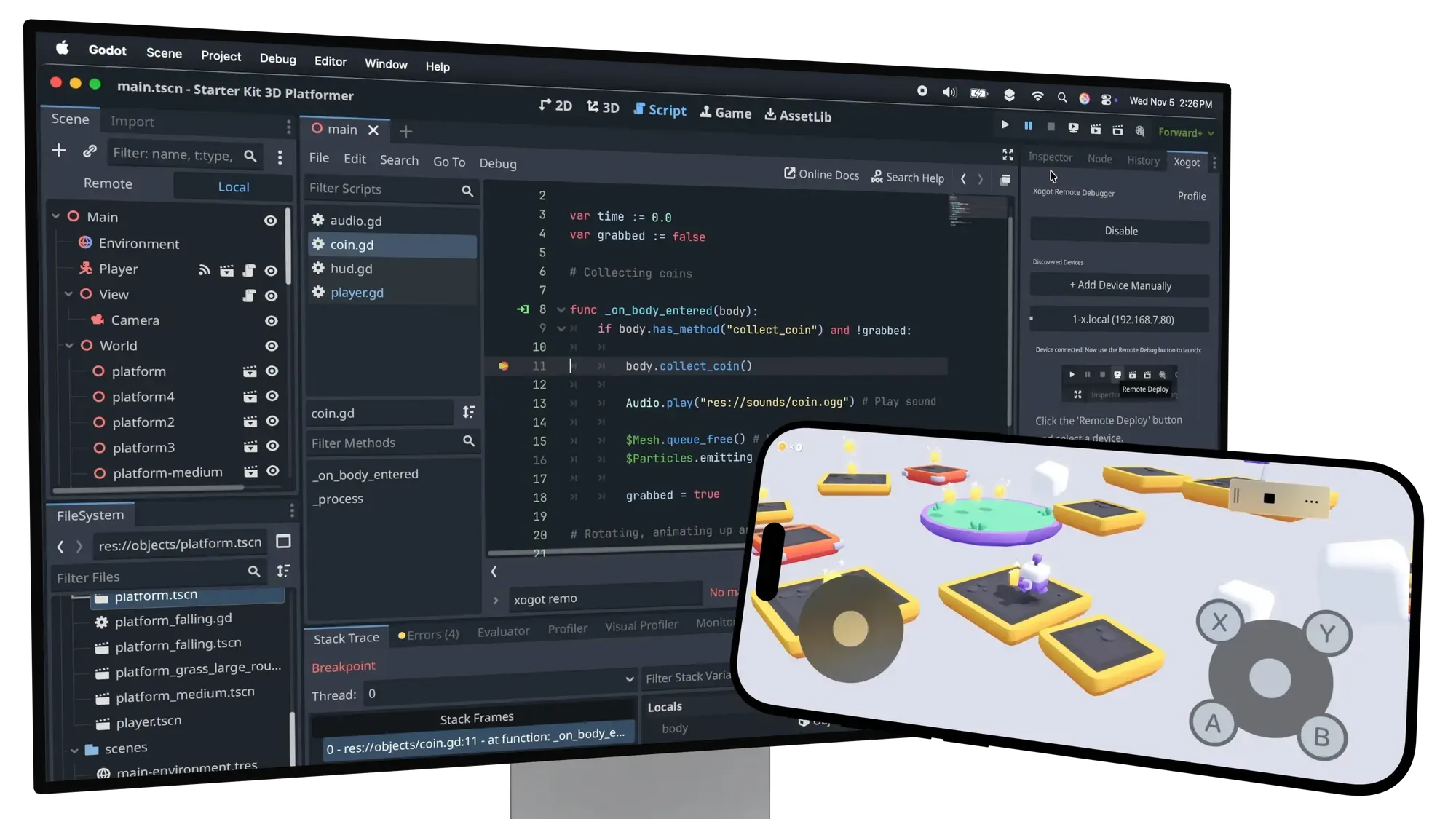 Xogot Connect running between desktop Godot and an iPhone.
