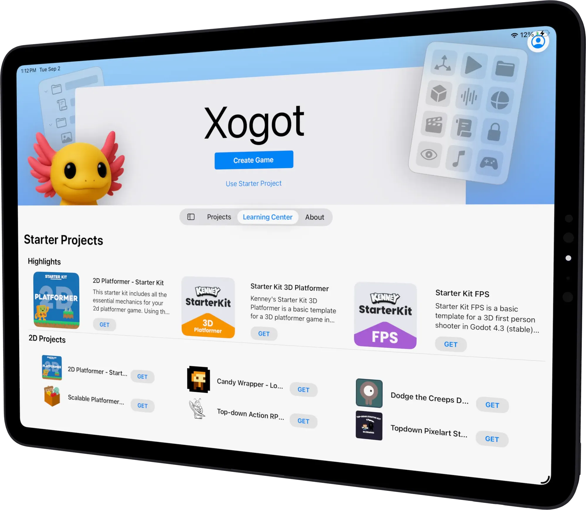 Starter project scene in Xogot.